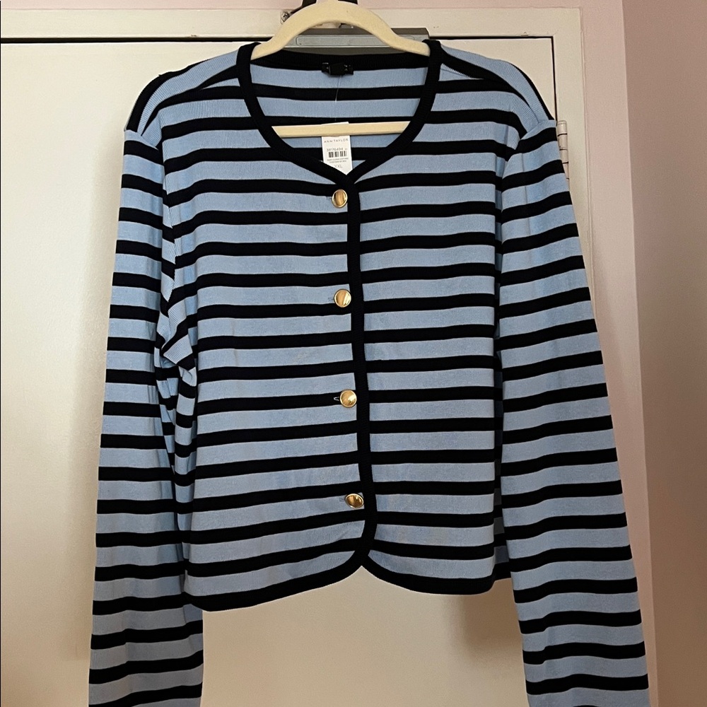 Ann Taylor Light Blue and Black Striped Cardigan Sweater